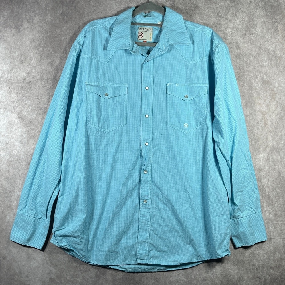 Roper Western Shirt Mens Large Green Gingham Pearl Snap Front Rodeo Cowboy